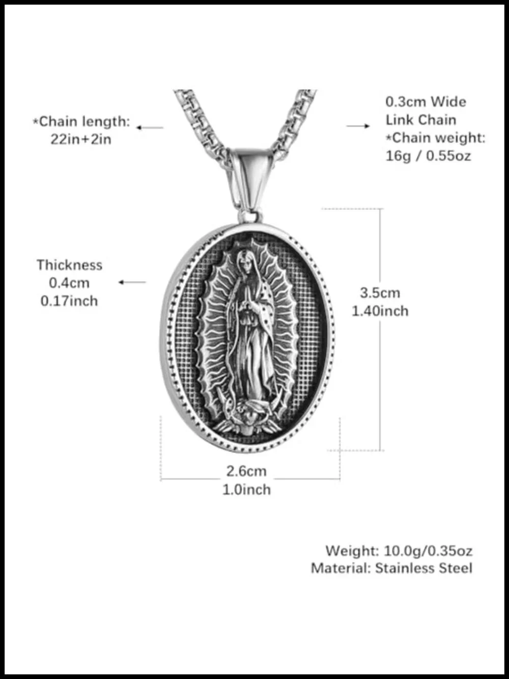 Stainless Steel Virgin Mary Guadalupe Oval Pendant Necklace Unisex